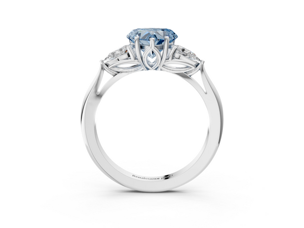 White gold Three-Stone Fancy Blue Heart  Cut Diamond Ring with Pear Side Stones in Four-Prong Setting