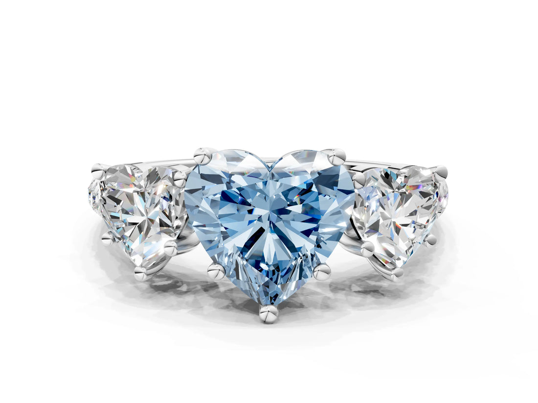 White gold Three-Stone Fancy Blue Heart Cut Diamond Ring with Round  Pavé Band and Prong Setting_149