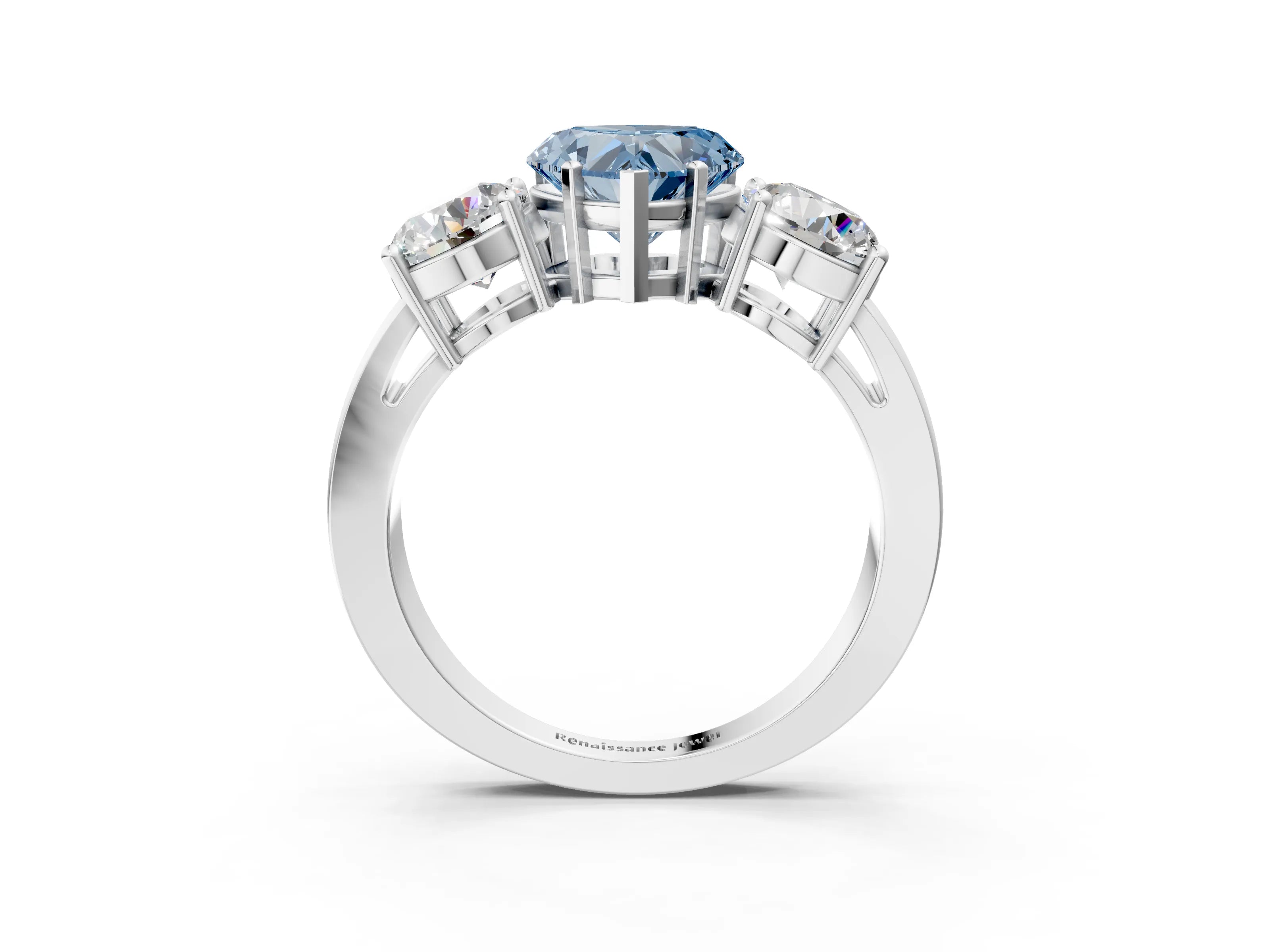 White gold Three-Stone Fancy Blue Heart Cut Diamond Ring with Round Side Stones, Classic Band, and Four-Prong Setting_3