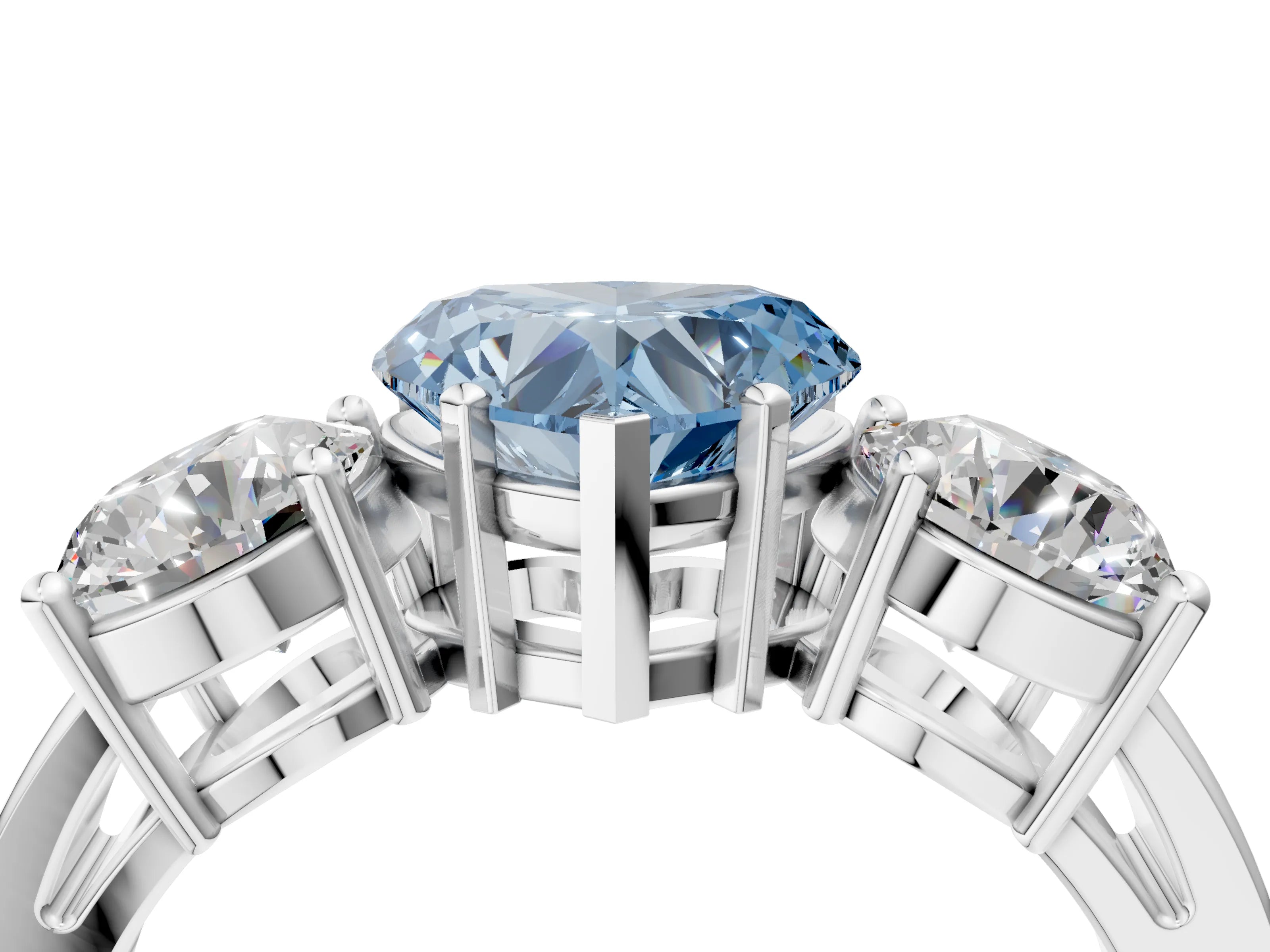 White gold Three-Stone Fancy Blue Heart Cut Diamond Ring with Round Side Stones, Classic Band, and Four-Prong Setting_4
