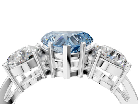 White gold Three-Stone Fancy Blue Heart Cut Diamond Ring with Round Side Stones, Classic Band, and Four-Prong Setting_4