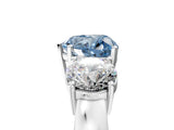 White gold Three-Stone Fancy Blue Heart Cut Diamond Ring with Round Side Stones, Classic Band, and Four-Prong Setting_5