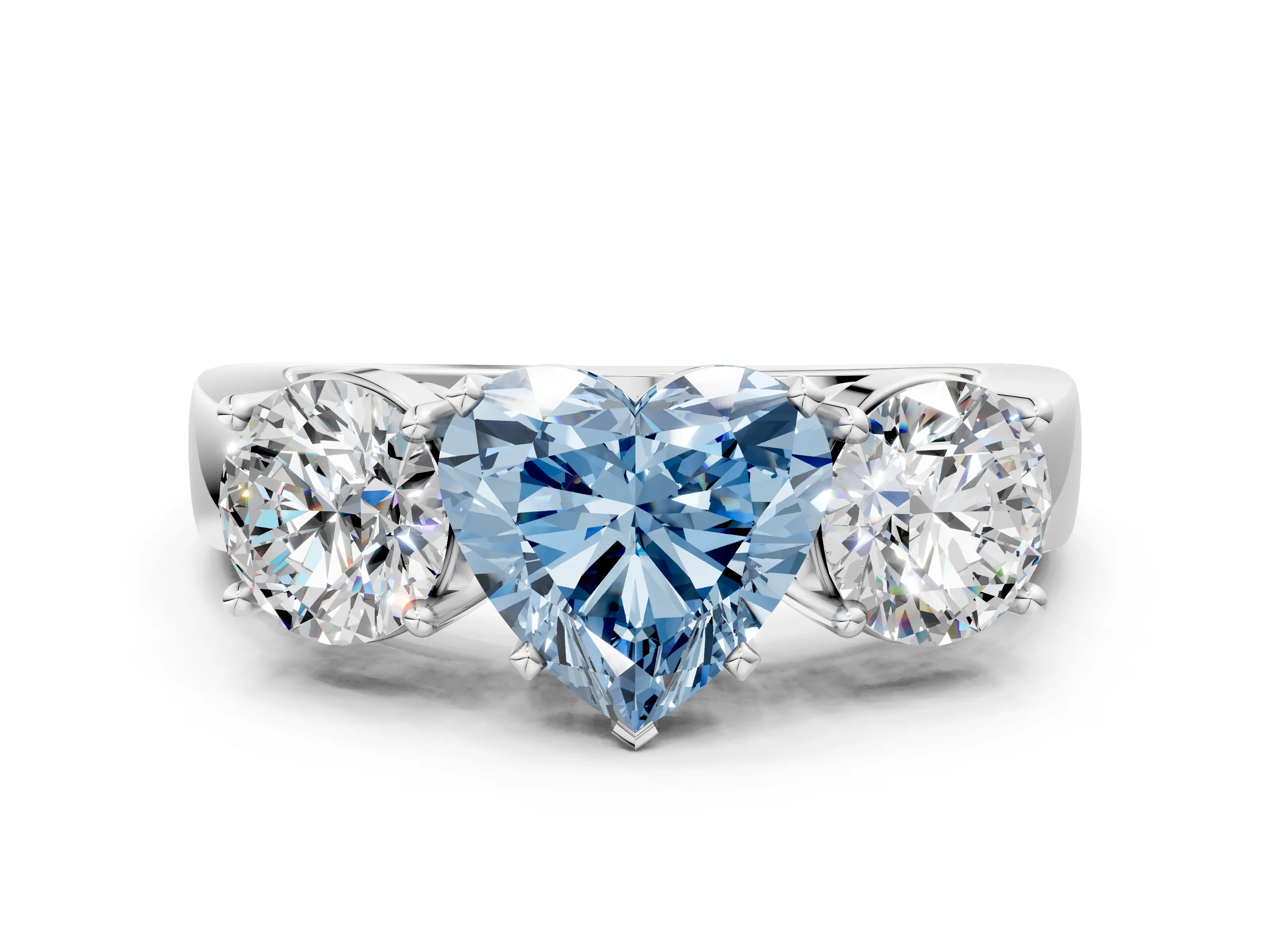 White gold Three-Stone Fancy Blue Heart Cut Diamond Ring with Round Side Stones, Classic Band, and Four-Prong Setting
