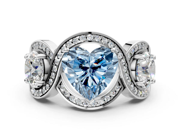 White gold Three-Stone Fancy Blue Heart Cut Diamond Wave Pave Band with Prong Setting