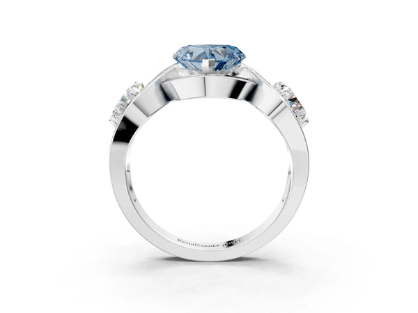White gold Three-Stone Fancy Blue Heart Cut Diamond Wave Pave Band with Prong Setting