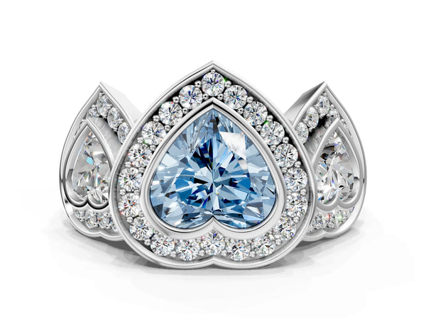 Platinum Three-Stone Fancy Blue Heart Cut Halo Pavé Diamond Ring