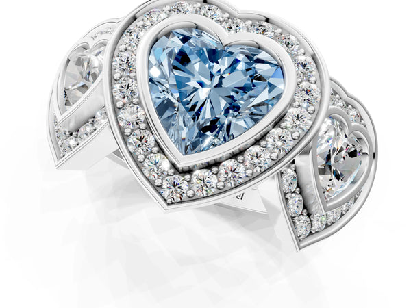 Platinum Three-Stone Fancy Blue Heart Cut Halo Pavé Diamond Ring