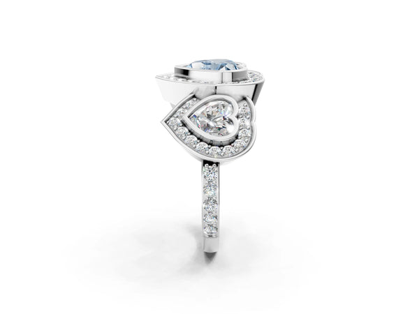 Platinum Three-Stone Fancy Blue Heart Cut Halo Pavé Diamond Ring
