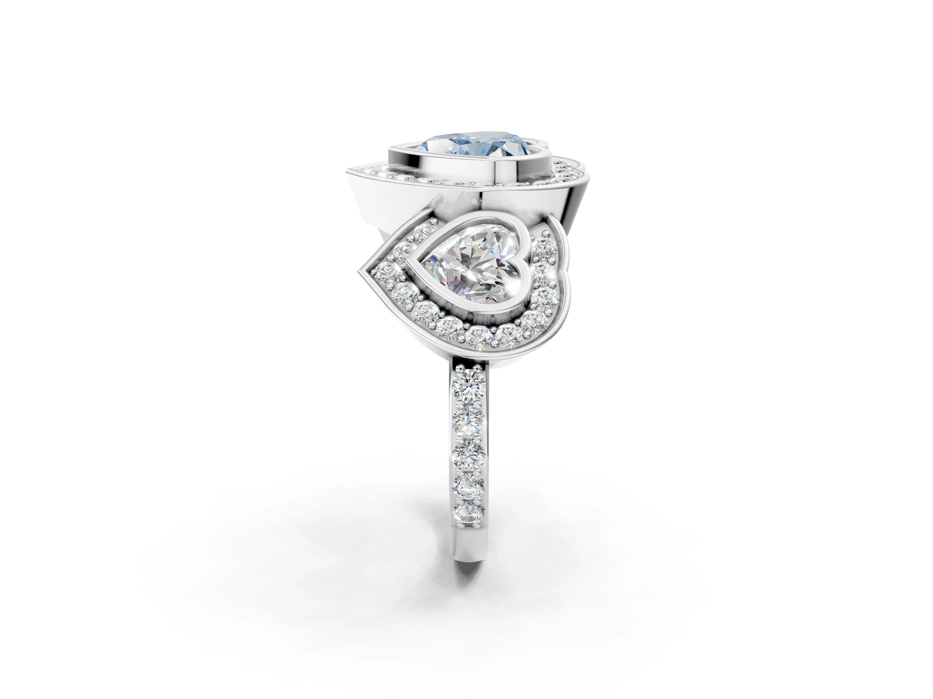 White gold Three-Stone Fancy Blue Heart Cut Halo Pavé Diamond Ring_2