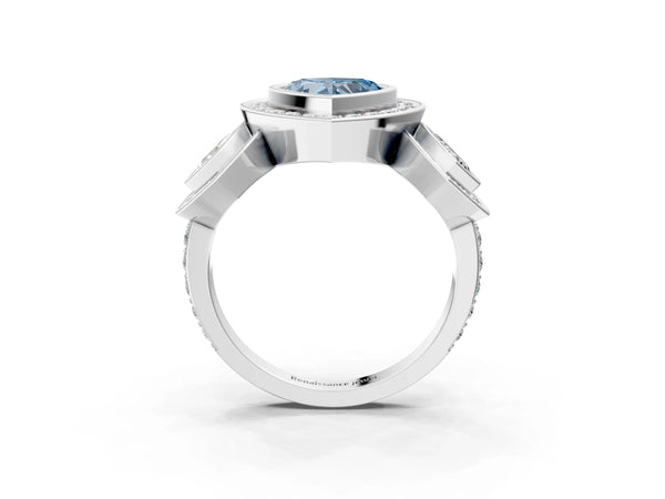 Platinum Three-Stone Fancy Blue Heart Cut Halo Pavé Diamond Ring