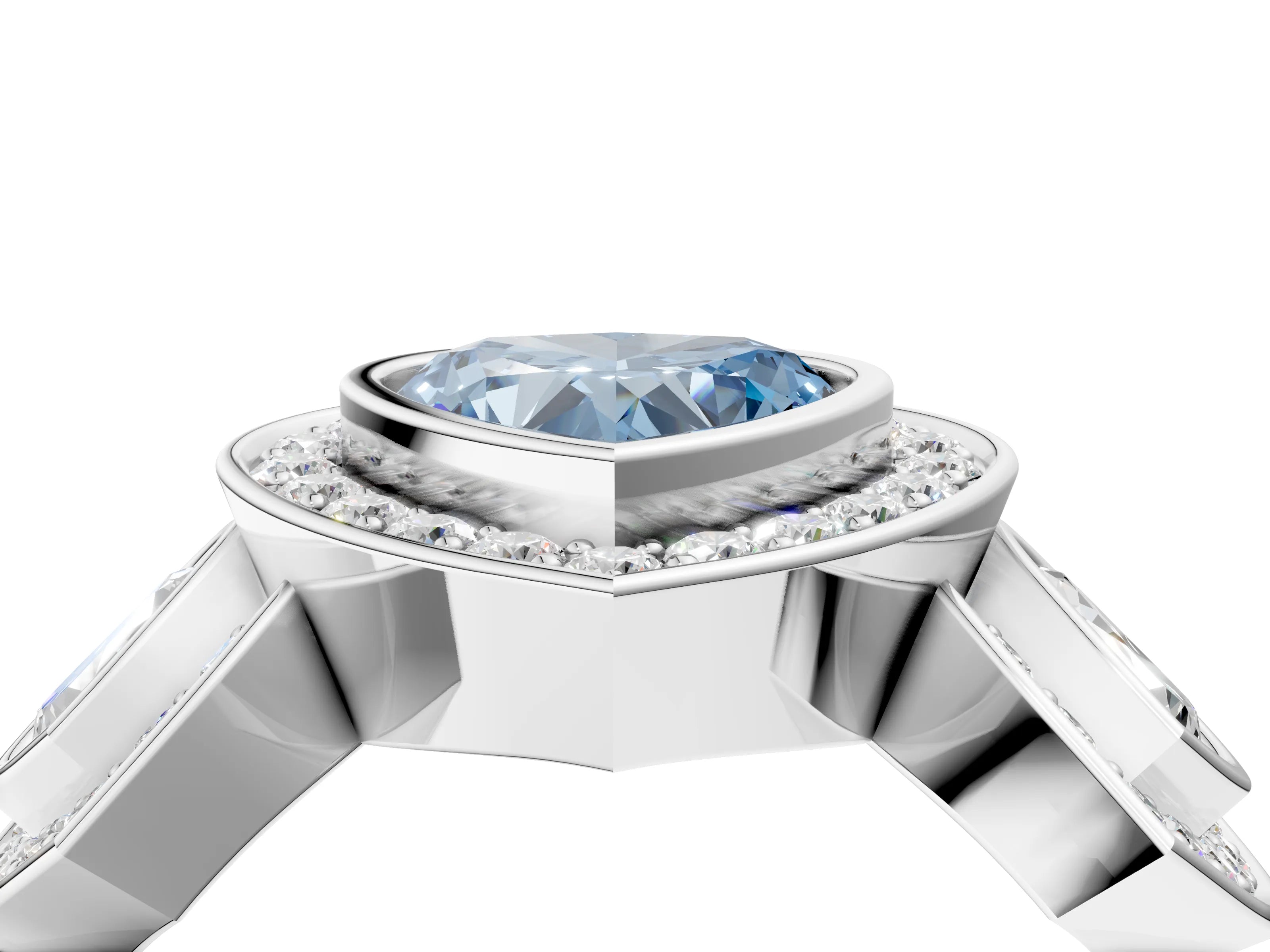 White gold Three-Stone Fancy Blue Heart Cut Halo Pavé Diamond Ring_4