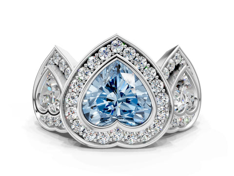 White gold Three-Stone Fancy Blue Heart Cut Halo Pavé Diamond Ring