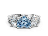 White gold Three-Stone Fancy Blue Heart  Diamond Milgrain Pave Band with Prong Setting