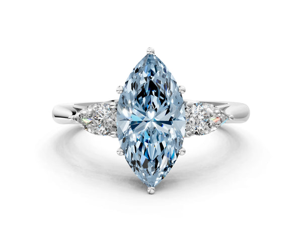 Platinum Three-Stone Fancy Blue Marquise Cut Brilliant Diamond Solitaire Ring with Tapered Band and Four-Prong Setting