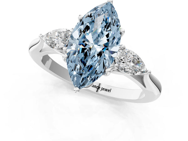 Platinum Three-Stone Fancy Blue Marquise Cut Brilliant Diamond Solitaire Ring with Tapered Band and Four-Prong Setting