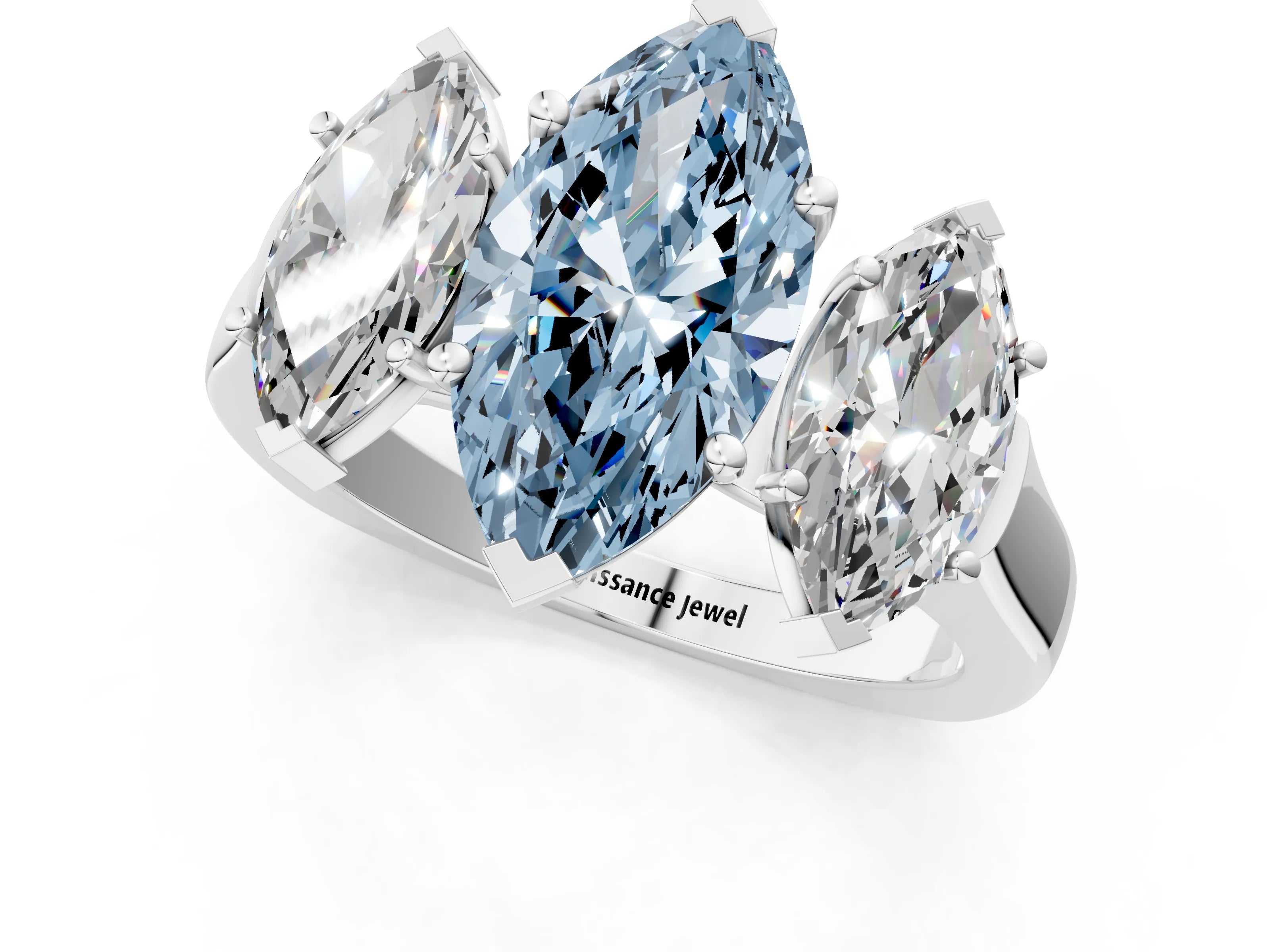 White gold Three-Stone Fancy Blue Marquise Cut Brilliant Diamond Trellis Ring with Comfort Fit Band_13