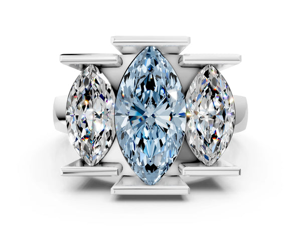Platinum Three Stone Fancy Blue Marquise Cut Cut Channel Set Diamond Ring