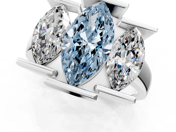 Platinum Three Stone Fancy Blue Marquise Cut Cut Channel Set Diamond Ring