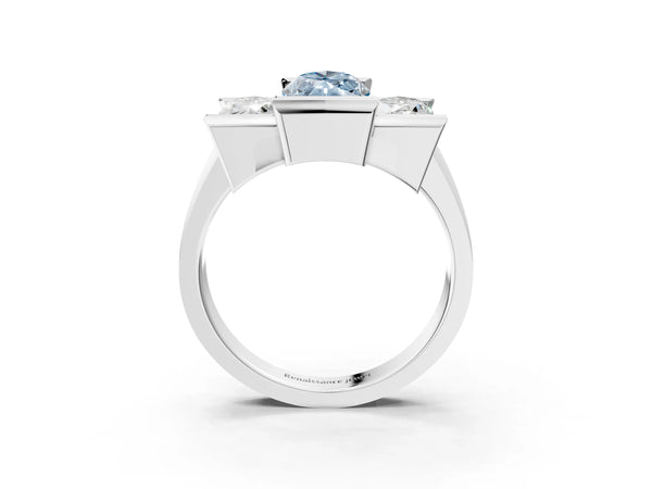 Platinum Three Stone Fancy Blue Marquise Cut Cut Channel Set Diamond Ring