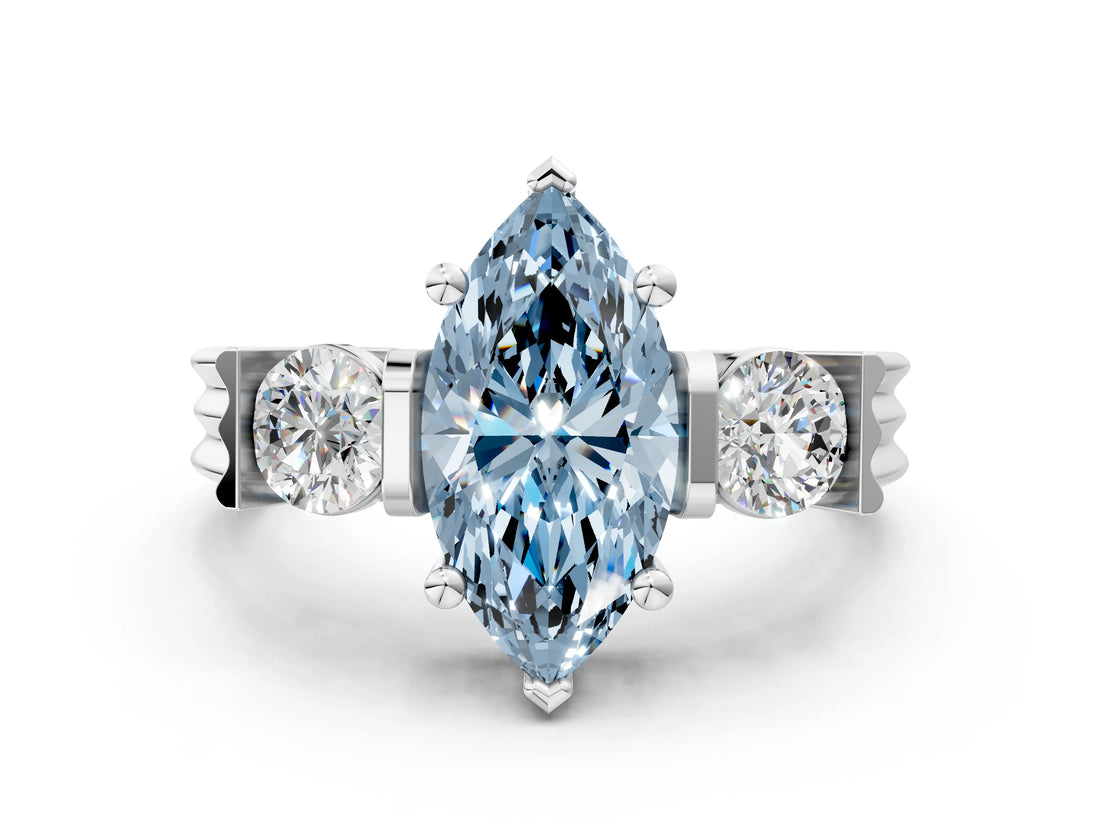 White gold Three-Stone Fancy Blue Marquise Cut Cut Classic Band Prong Setting Ring