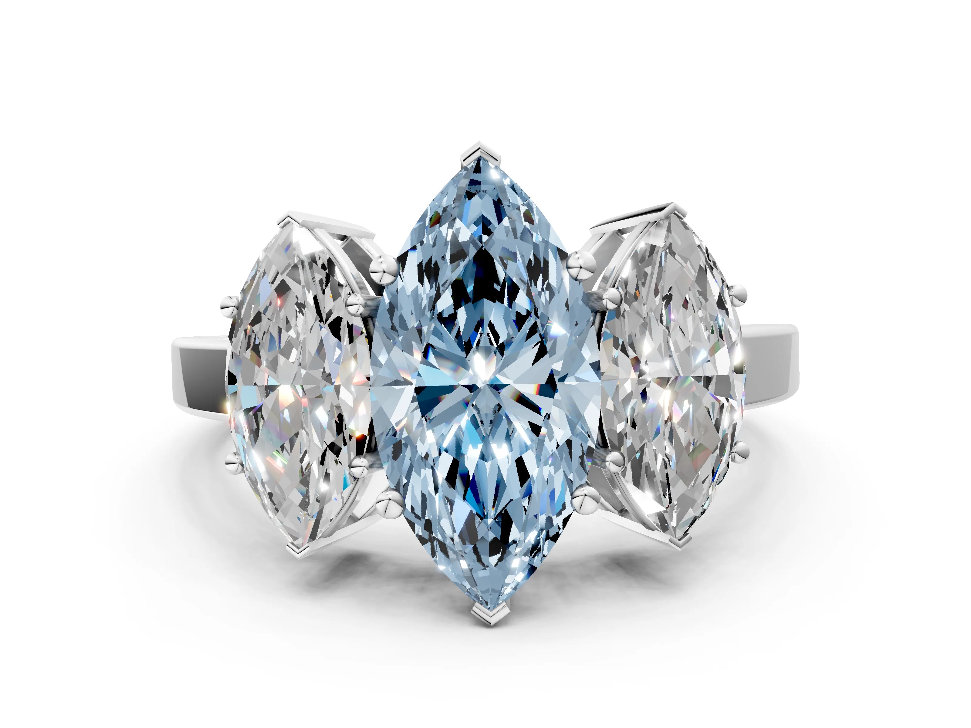 White gold Three-Stone Fancy Blue Marquise Cut Cut Diamond Engagement Ring with Flat Band and Four-Prong Setting
