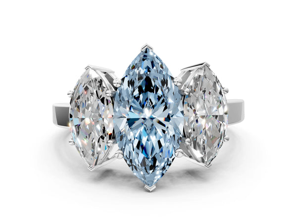 Platinum Three-Stone Fancy Blue Marquise Cut Cut Diamond Engagement Ring with Flat Band and Four-Prong Setting