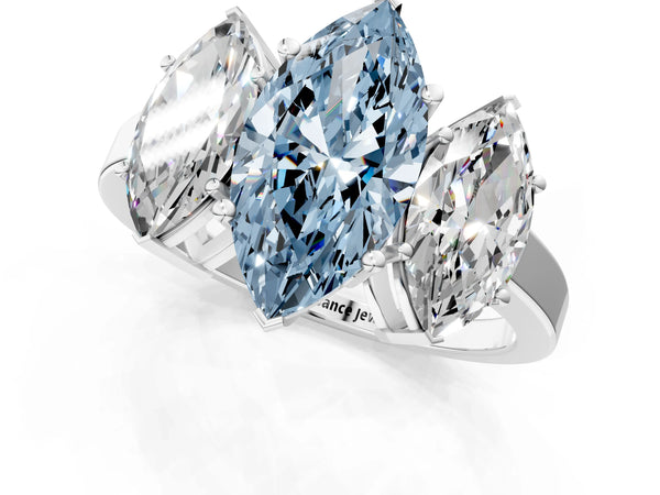 Platinum Three-Stone Fancy Blue Marquise Cut Cut Diamond Engagement Ring with Flat Band and Four-Prong Setting