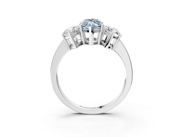 Platinum Three-Stone Fancy Blue Marquise Cut Cut Diamond Engagement Ring with Flat Band and Four-Prong Setting