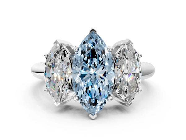 Platinum Three-Stone Fancy Blue Marquise Cut Cut Diamond Engagement Ring with Prong Setting on a White Gold Band