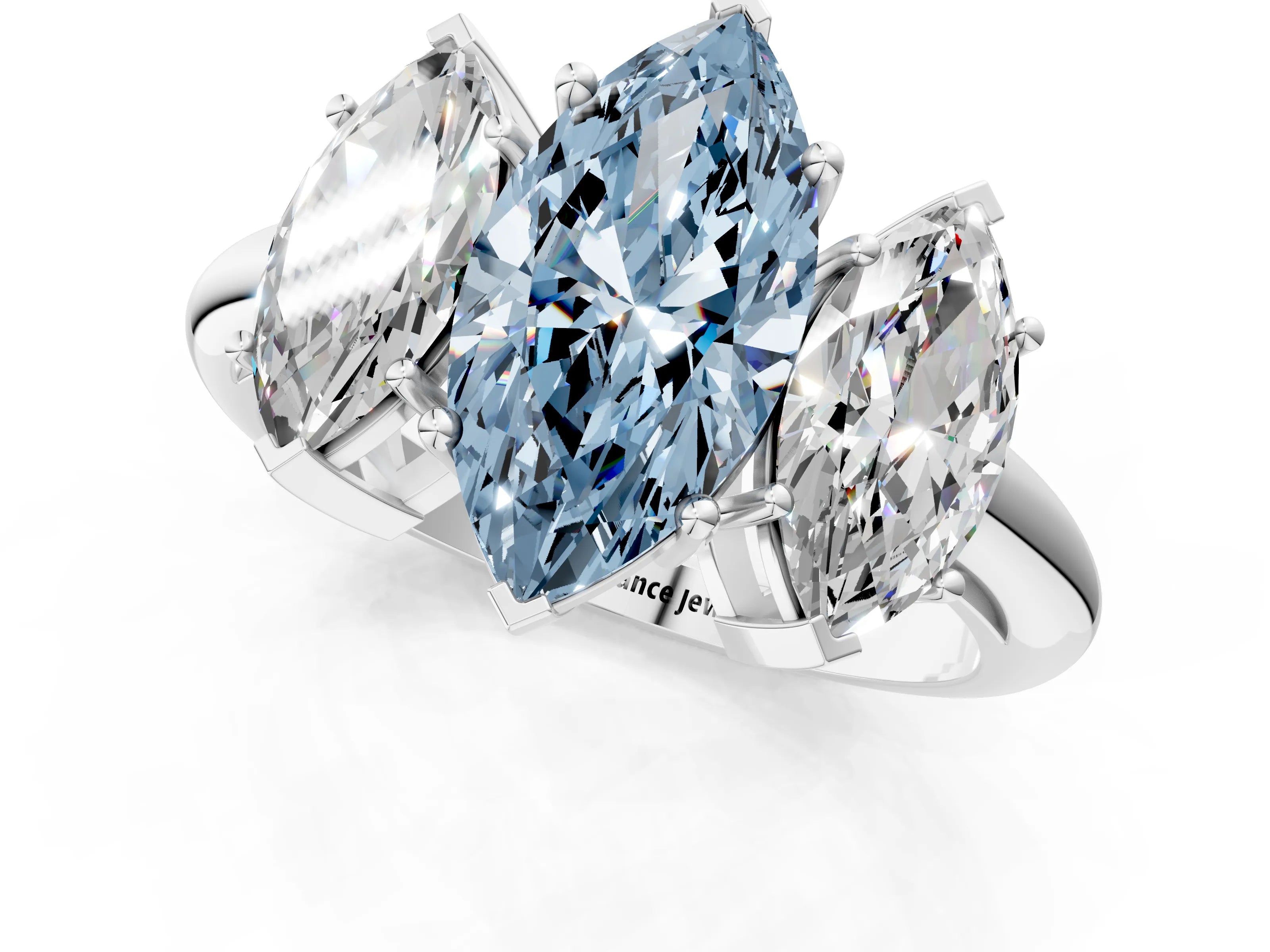 White gold Three-Stone Fancy Blue Marquise Cut Cut Diamond Engagement Ring with Prong Setting on a White Gold Band_13
