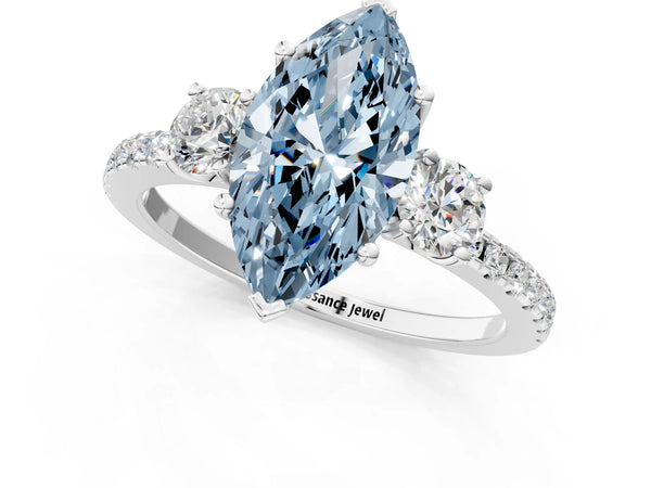 White gold Three-Stone Fancy Blue Marquise Cut Cut Diamond Pavé Band with Prong Setting
