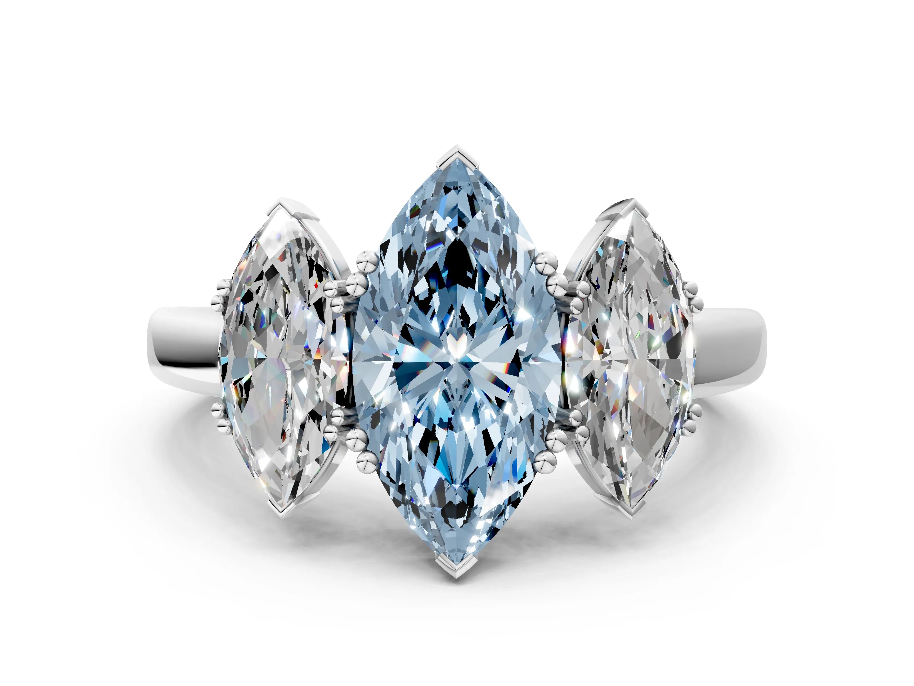 White gold Three-Stone Fancy Blue Marquise Cut Cut Diamond Ring with Channel Set Band and Four-Prong Setting