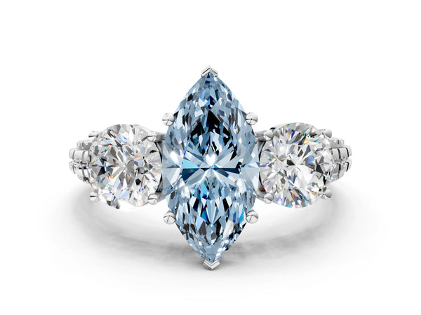 Platinum Three-Stone Fancy Blue Marquise Cut Cut Diamond Ring with Channel-Set Band and Prong Setting