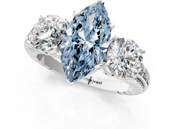 Platinum Three-Stone Fancy Blue Marquise Cut Cut Diamond Ring with Channel-Set Band and Prong Setting