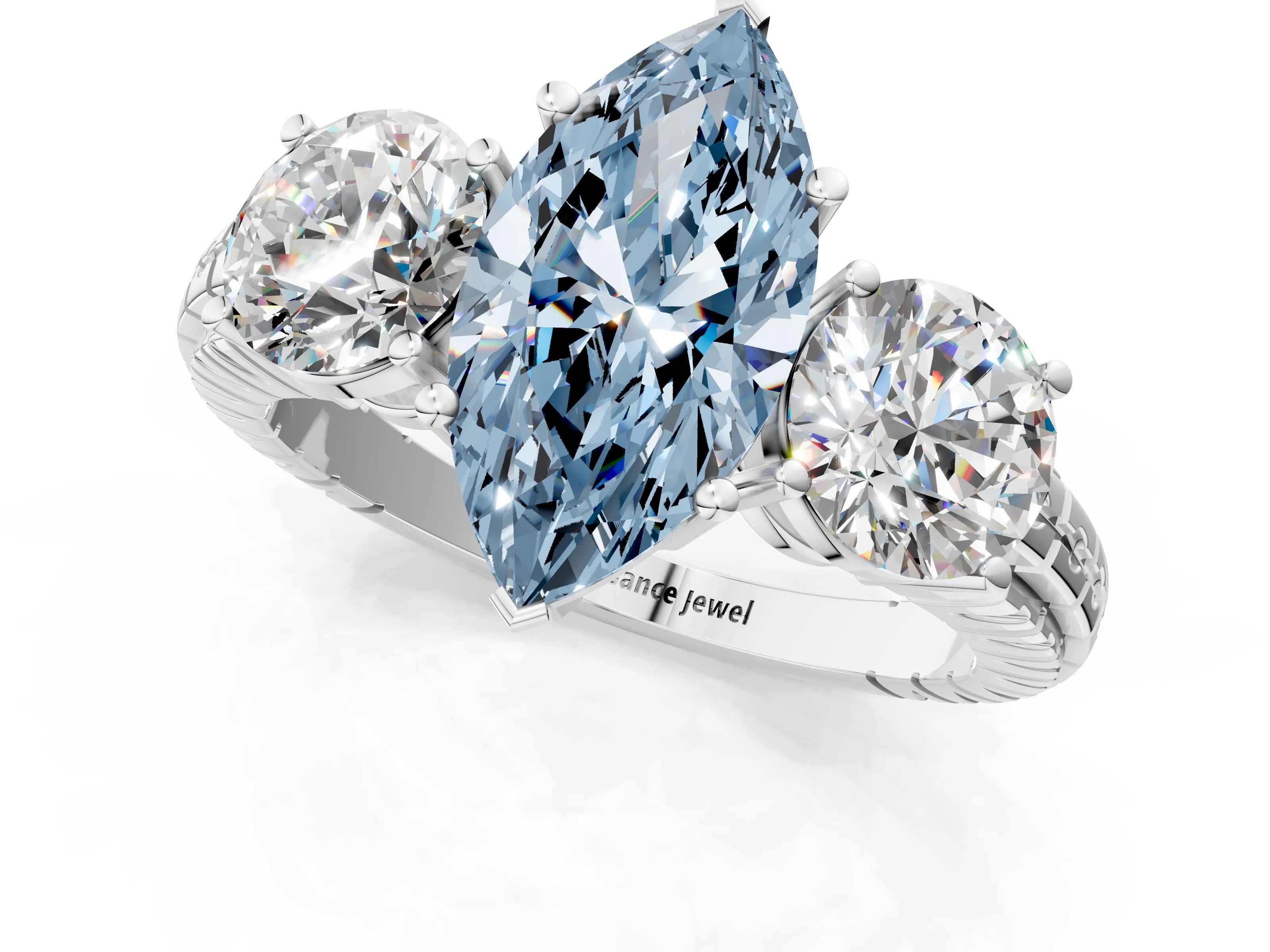 White gold Three-Stone Fancy Blue Marquise Cut Cut Diamond Ring with Channel-Set Band and Prong Setting_1