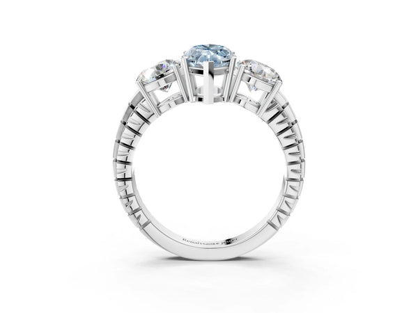 Platinum Three-Stone Fancy Blue Marquise Cut Cut Diamond Ring with Channel-Set Band and Prong Setting