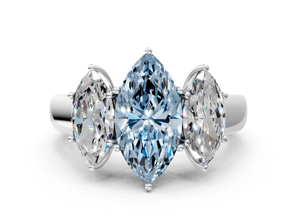 Platinum Three-Stone Fancy Blue Marquise Cut Cut Diamond Ring with Prong Setting and Classic Band