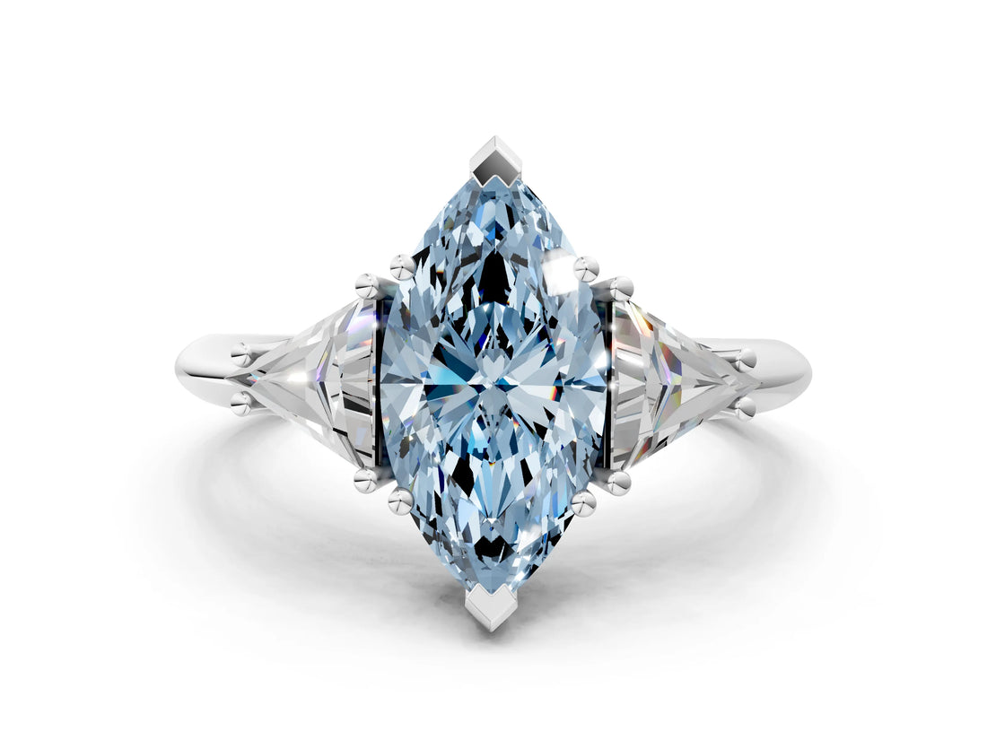 White gold Three-Stone Fancy Blue Marquise Cut Cut Diamond Ring with Trillion Side Stones and Four-Prong Setting_11
