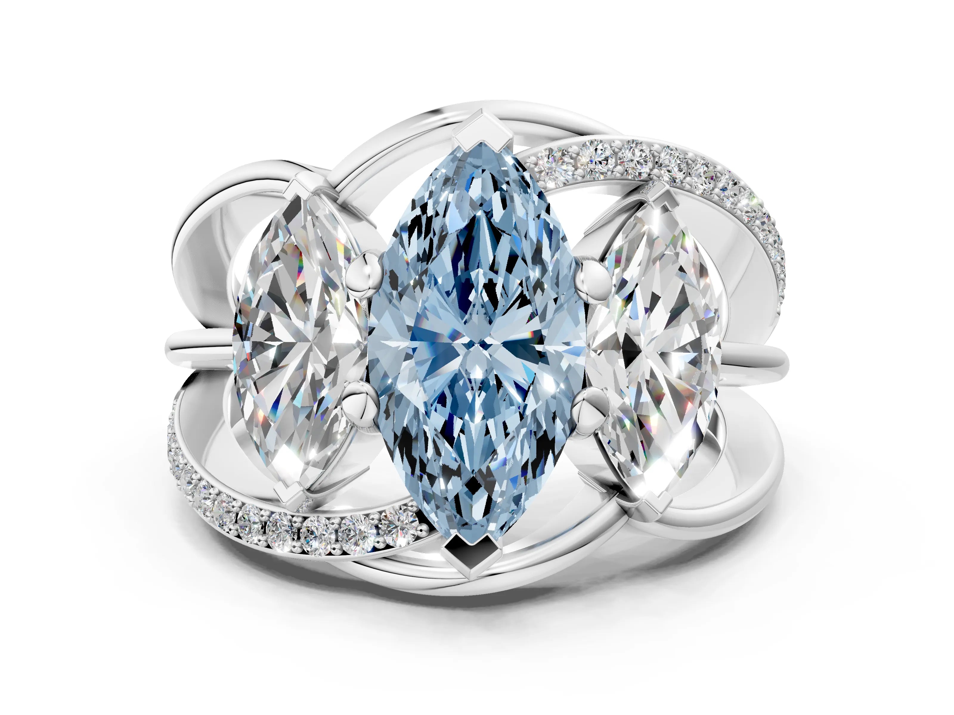 White gold Three-Stone Fancy Blue Marquise Cut Cut Diamond Split Shank Prong Set Ring