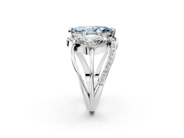 White gold Three-Stone Fancy Blue Marquise Cut Cut Diamond Split Shank Prong Set Ring