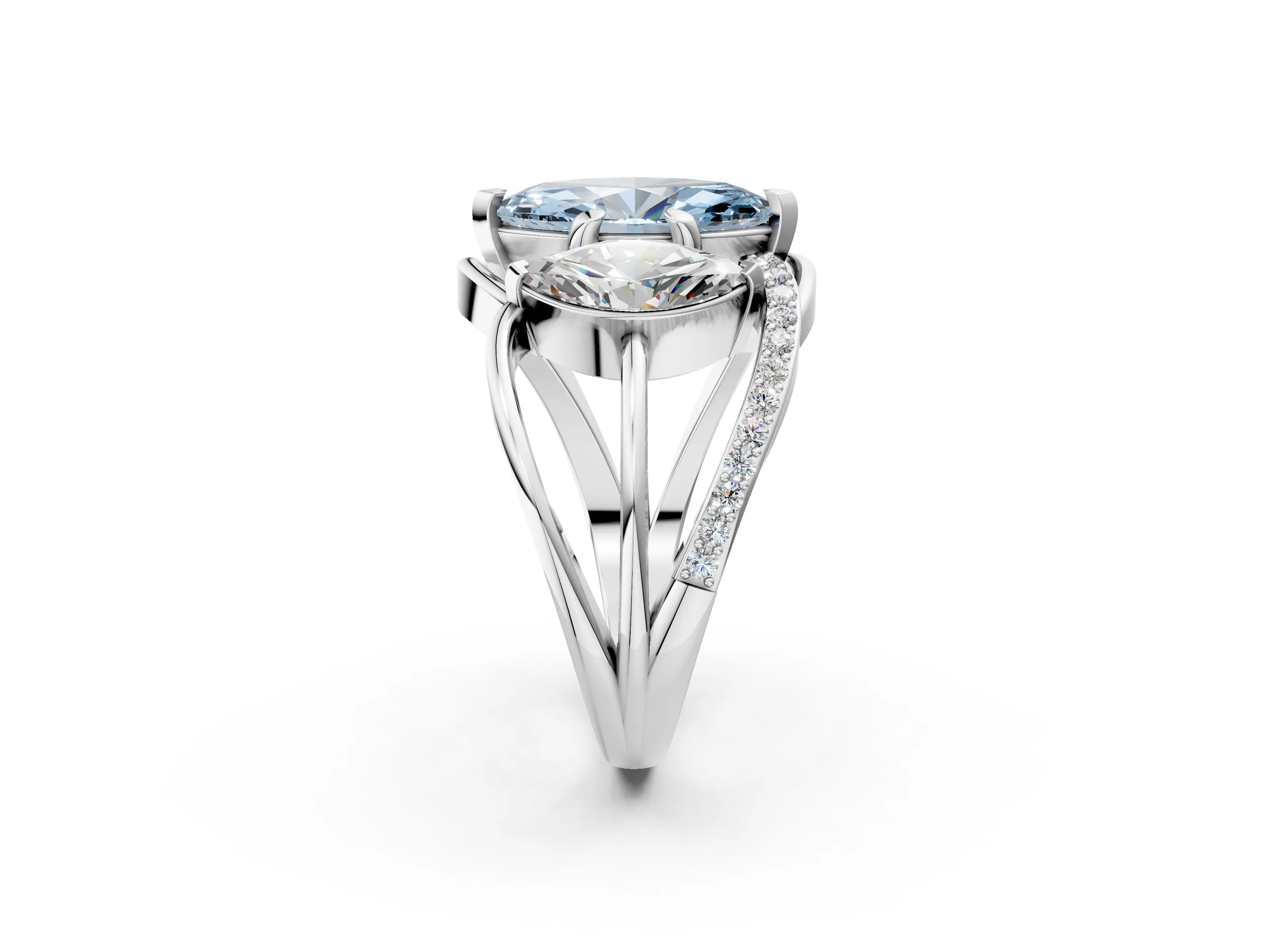 White gold Three-Stone Fancy Blue Marquise Cut Cut Diamond Split Shank Prong Set Ring_2