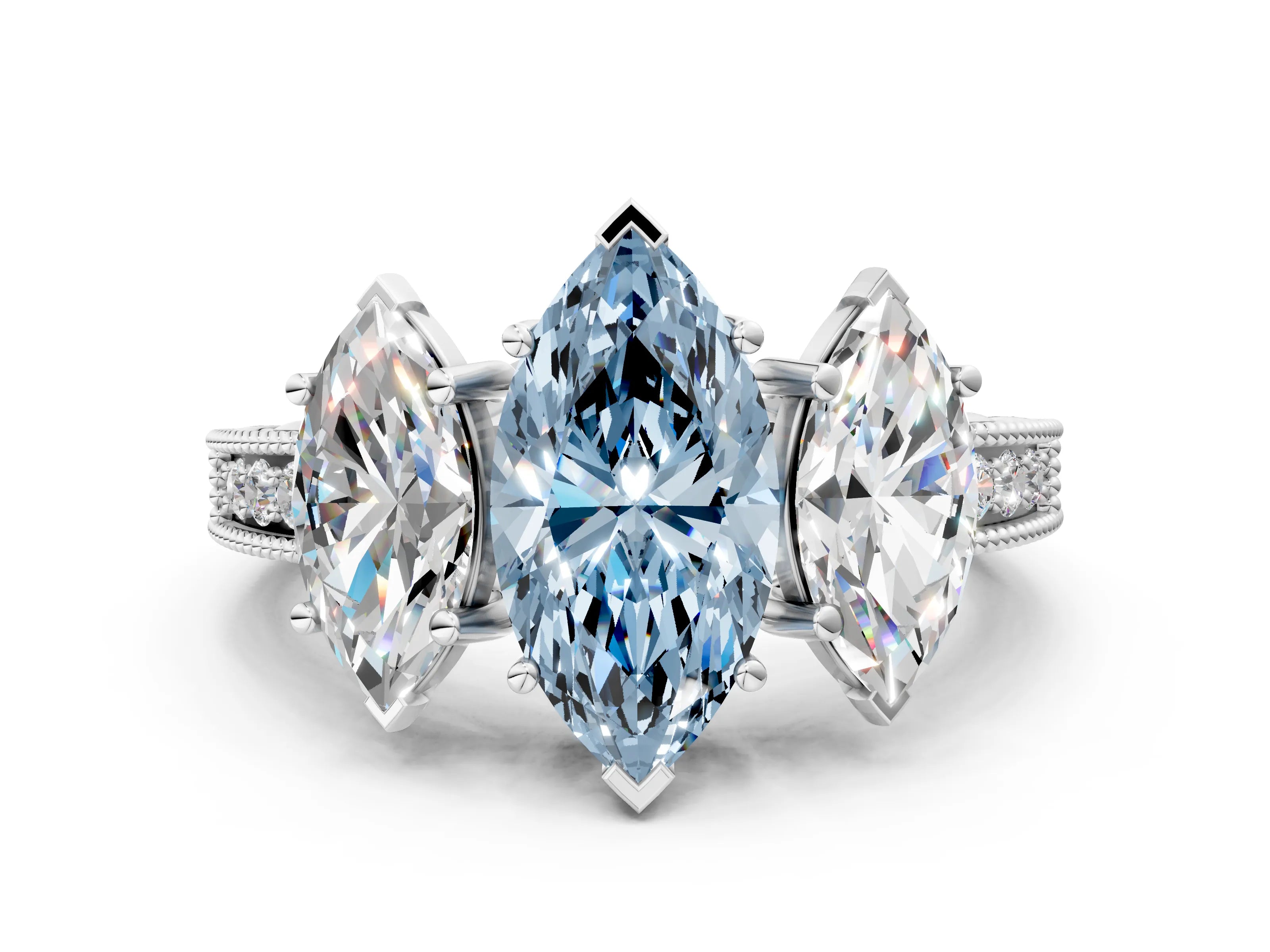 White gold Three-Stone Fancy Blue Marquise Cut Cut Milgrain Pavé Engagement Ring_12