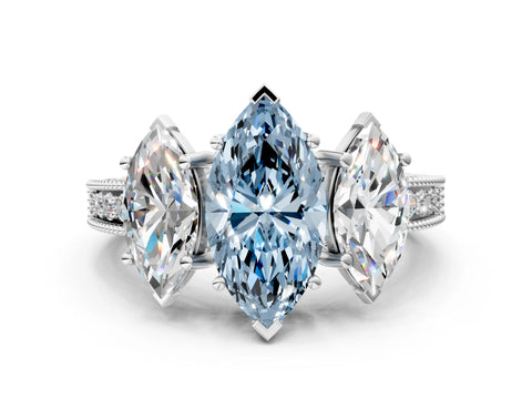 White gold Three-Stone Fancy Blue Marquise Cut Cut Milgrain Pavé Engagement Ring_12