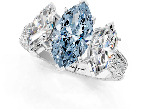 White gold Three-Stone Fancy Blue Marquise Cut Cut Milgrain Pavé Engagement Ring_13