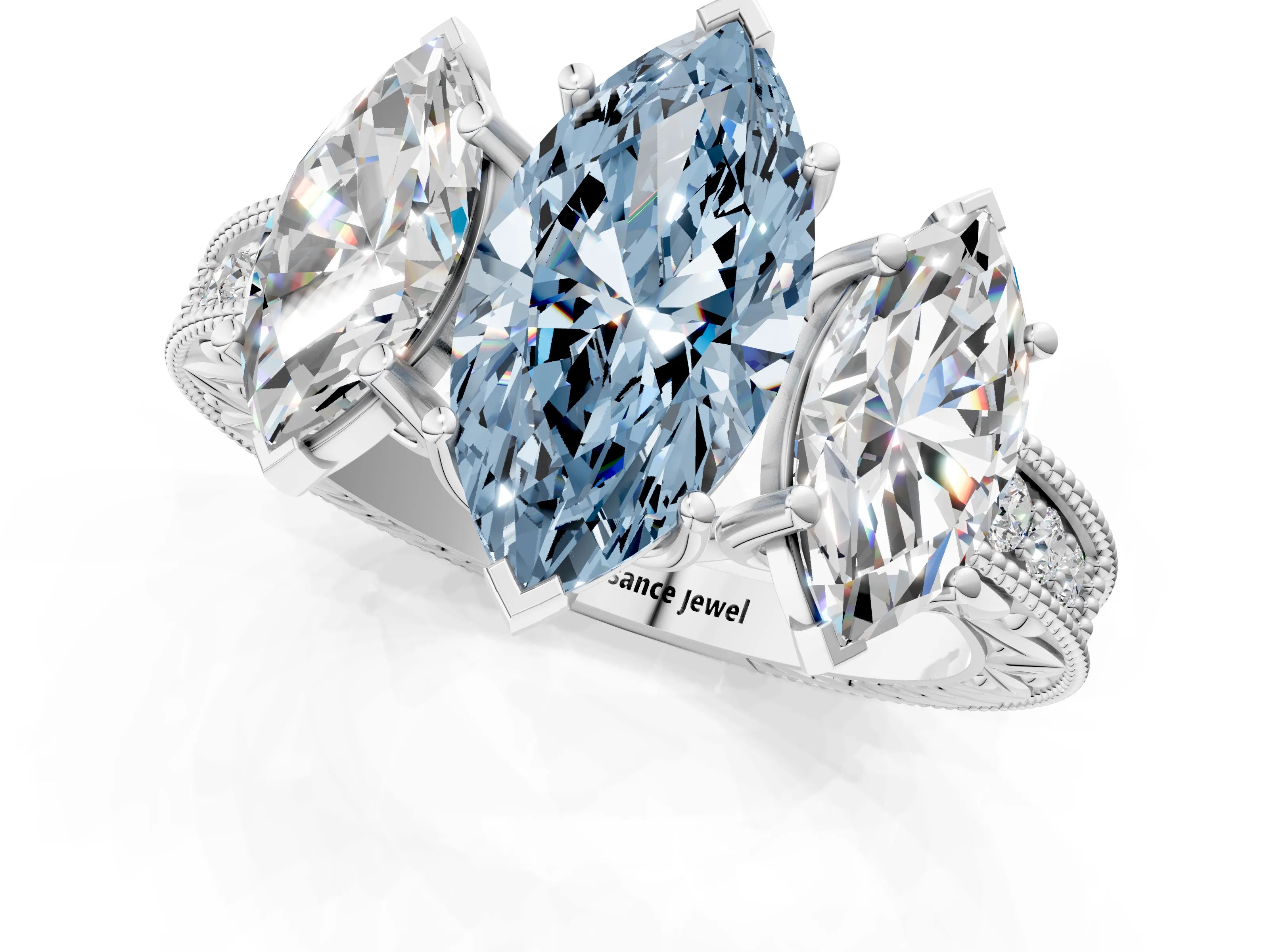 White gold Three-Stone Fancy Blue Marquise Cut Cut Milgrain Pavé Engagement Ring_13