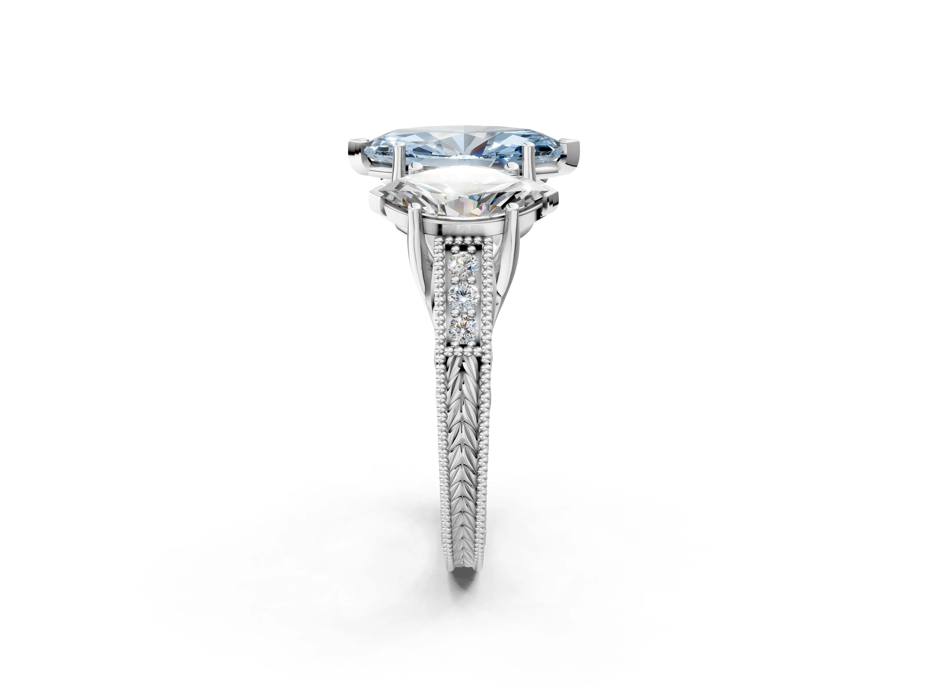 White gold Three-Stone Fancy Blue Marquise Cut Cut Milgrain Pavé Engagement Ring_14