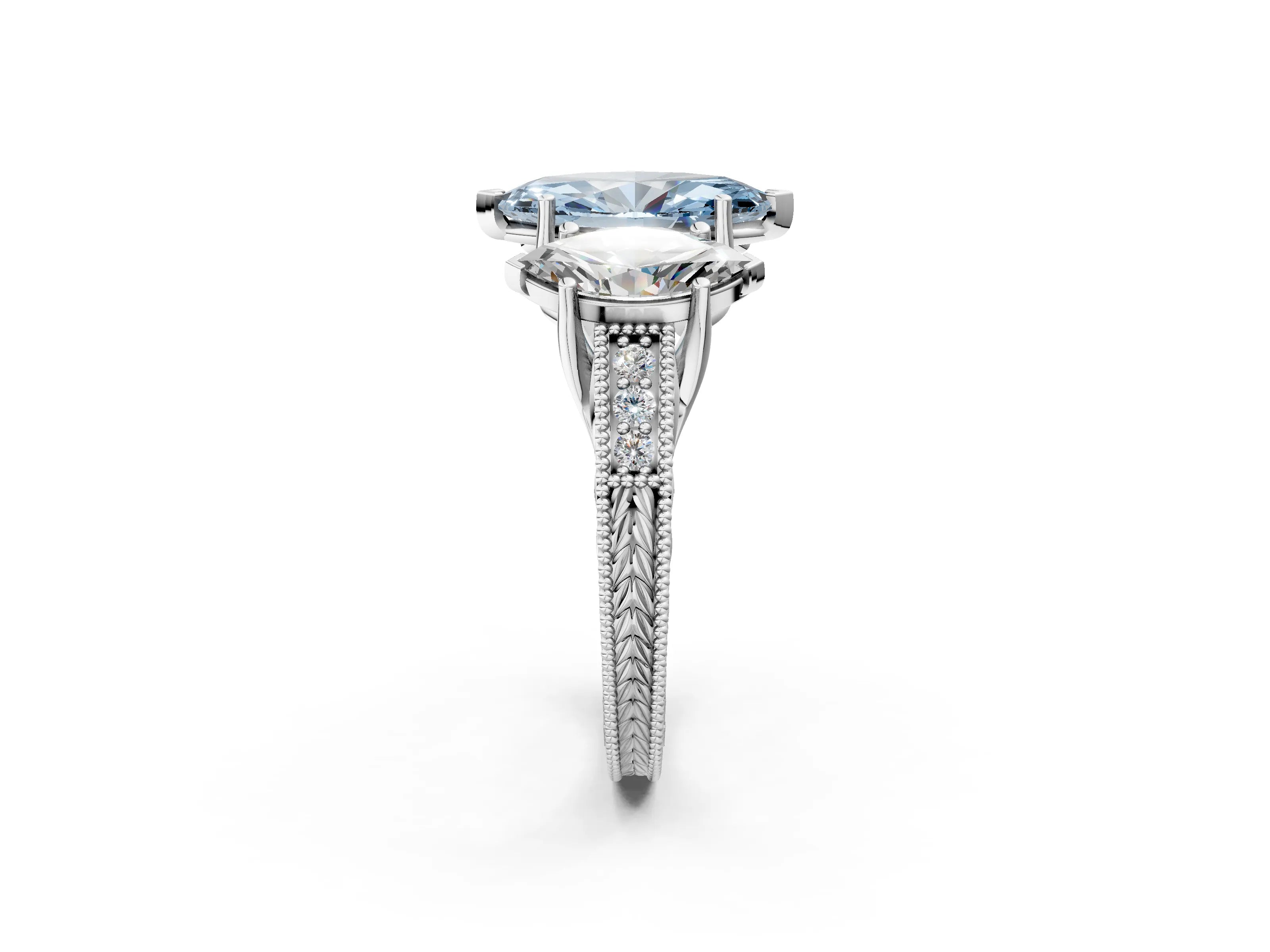 White gold Three-Stone Fancy Blue Marquise Cut Cut Milgrain Pavé Engagement Ring_14