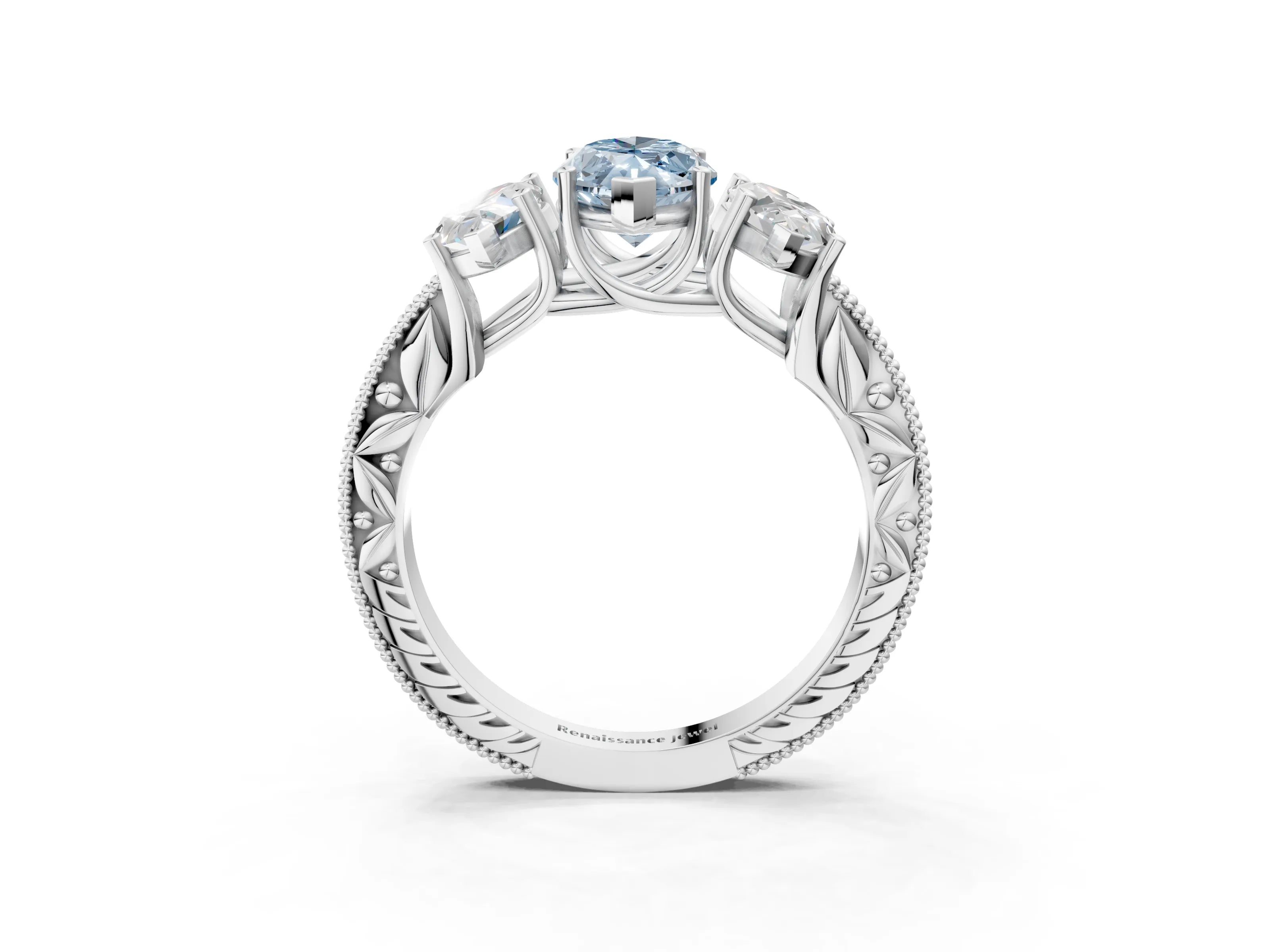 White gold Three-Stone Fancy Blue Marquise Cut Cut Milgrain Pavé Engagement Ring_15