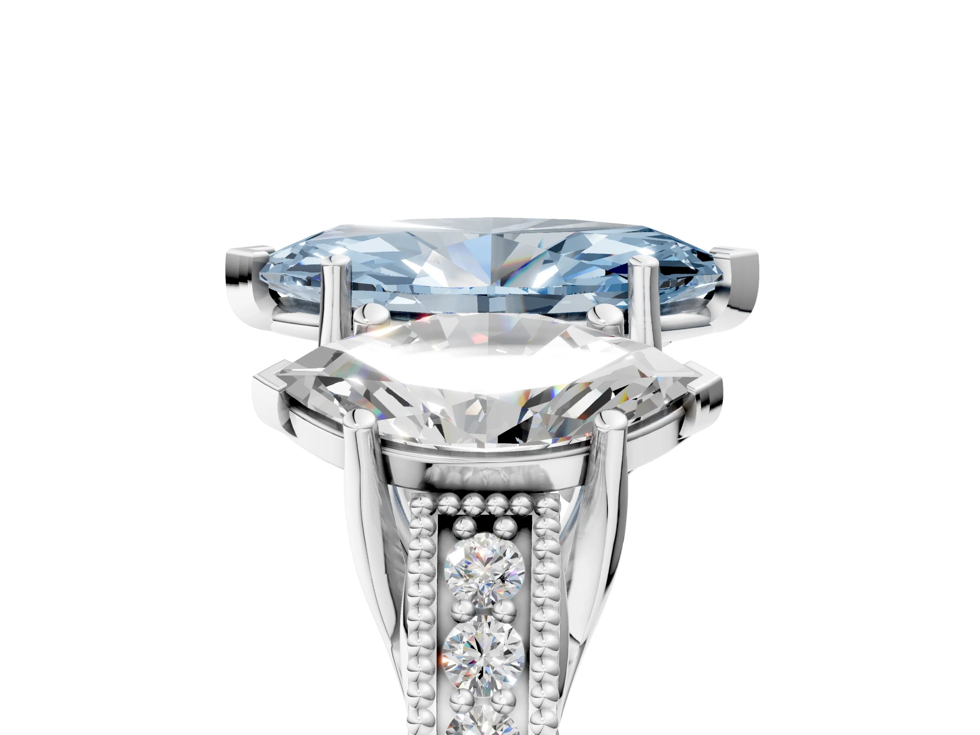 White gold Three-Stone Fancy Blue Marquise Cut Cut Milgrain Pavé Engagement Ring_17