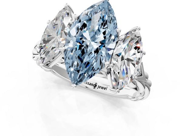 White gold Three-Stone Fancy Blue Marquise Cut Diamond Braided Band Ring with Four-Prong Setting